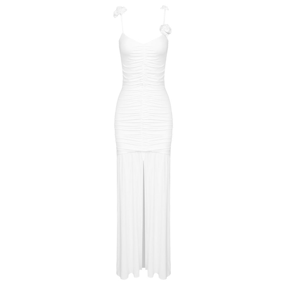 Black White Two Color Three Dimensional Floral Pleated Ice Silk Suspender Evening Dress