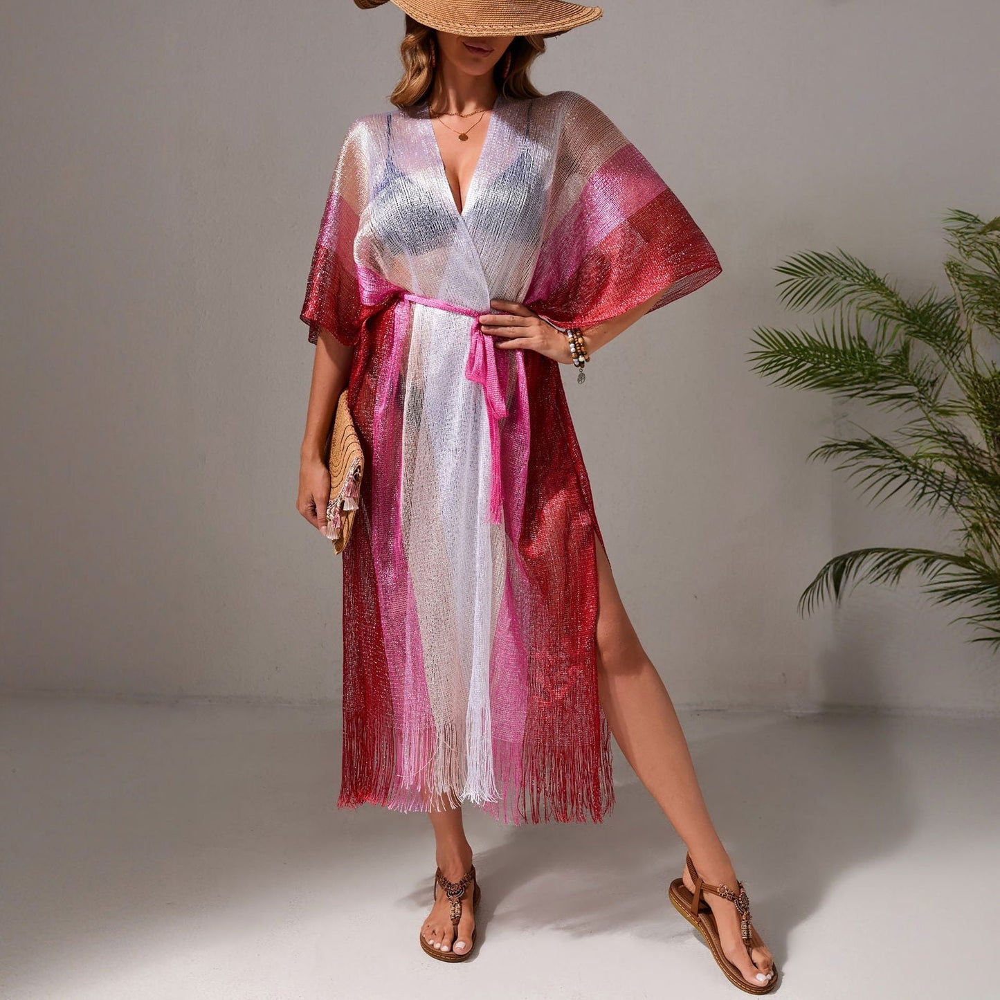 Beach Casual Vacation Gradient Bikini Swimsuit Blouse Sun Protective Cardigan