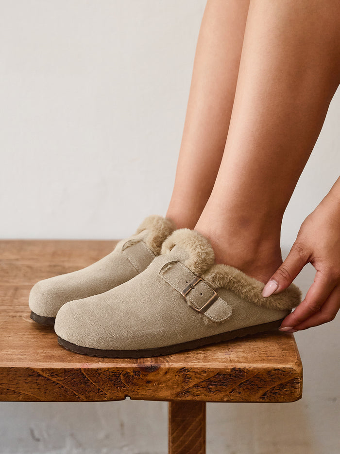 Ember Taupe Suede Leather Fur Lined Clogs