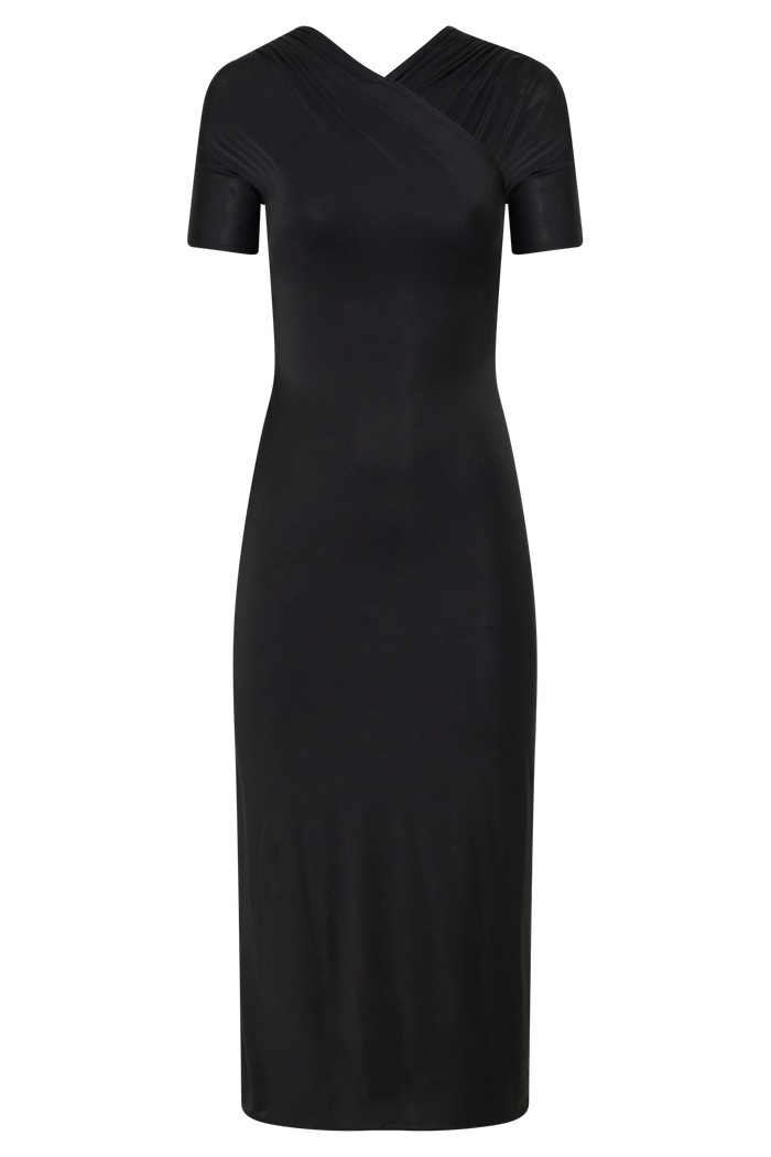 Junie Cross-Over Neck Slinky Maxi Dress - Black