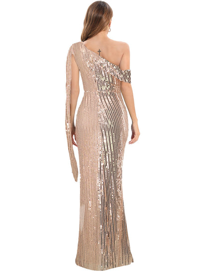 Backless One Shoulder Ribbon Sequ Dress Dress Evening Dress
