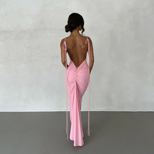 Backless Pleated Dress Evening Dress Sleeveless Strap Dress for