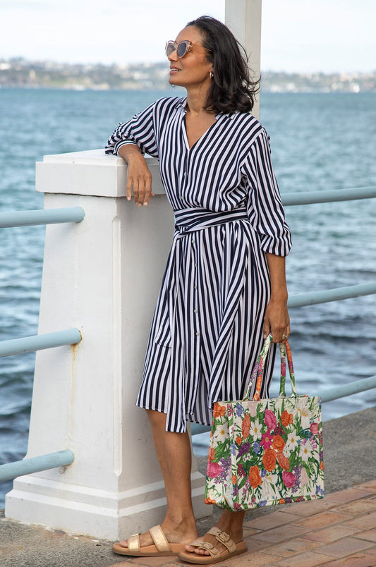 Francesca Long Sleeve Striped Midi Dress Navy and White