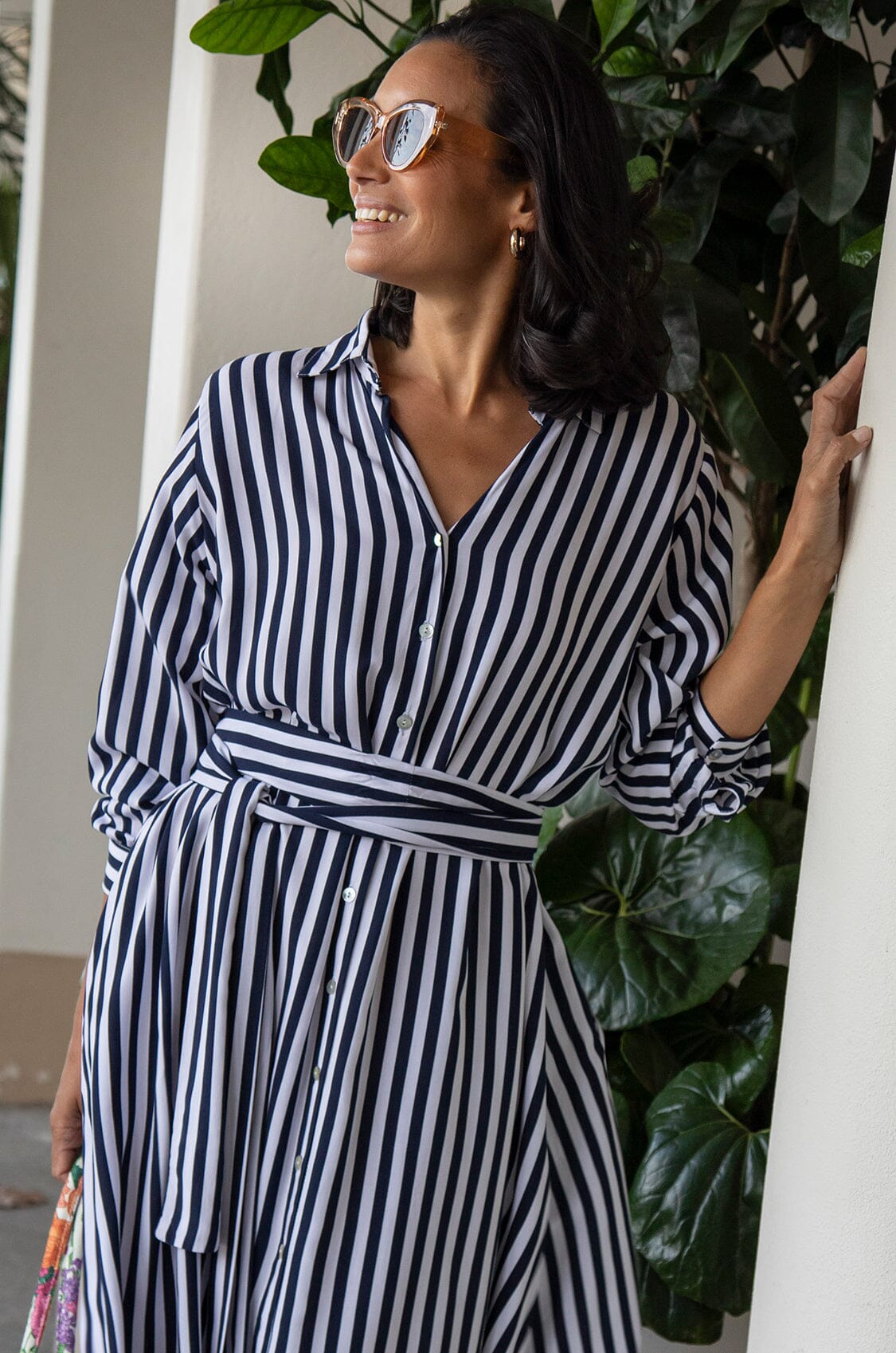 Francesca Long Sleeve Striped Midi Dress Navy and White