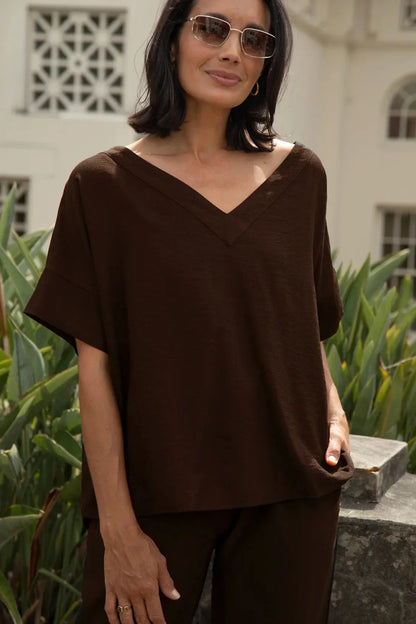 Gemma Short Sleeve V Neck Top Chocolate Brown