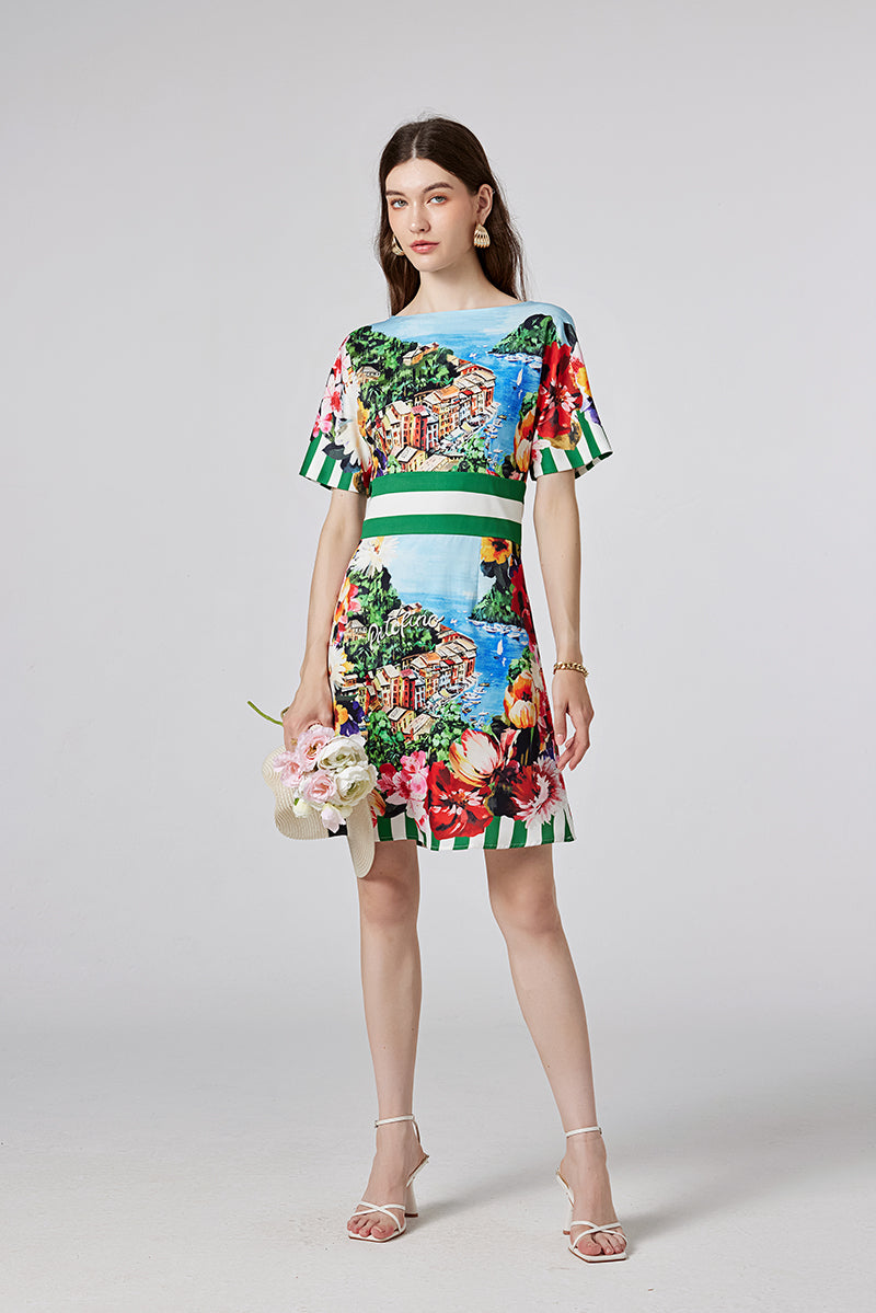Arrival One line Collar Printed Short sleeved Tight Waist dress High Waist Slim fit Dress