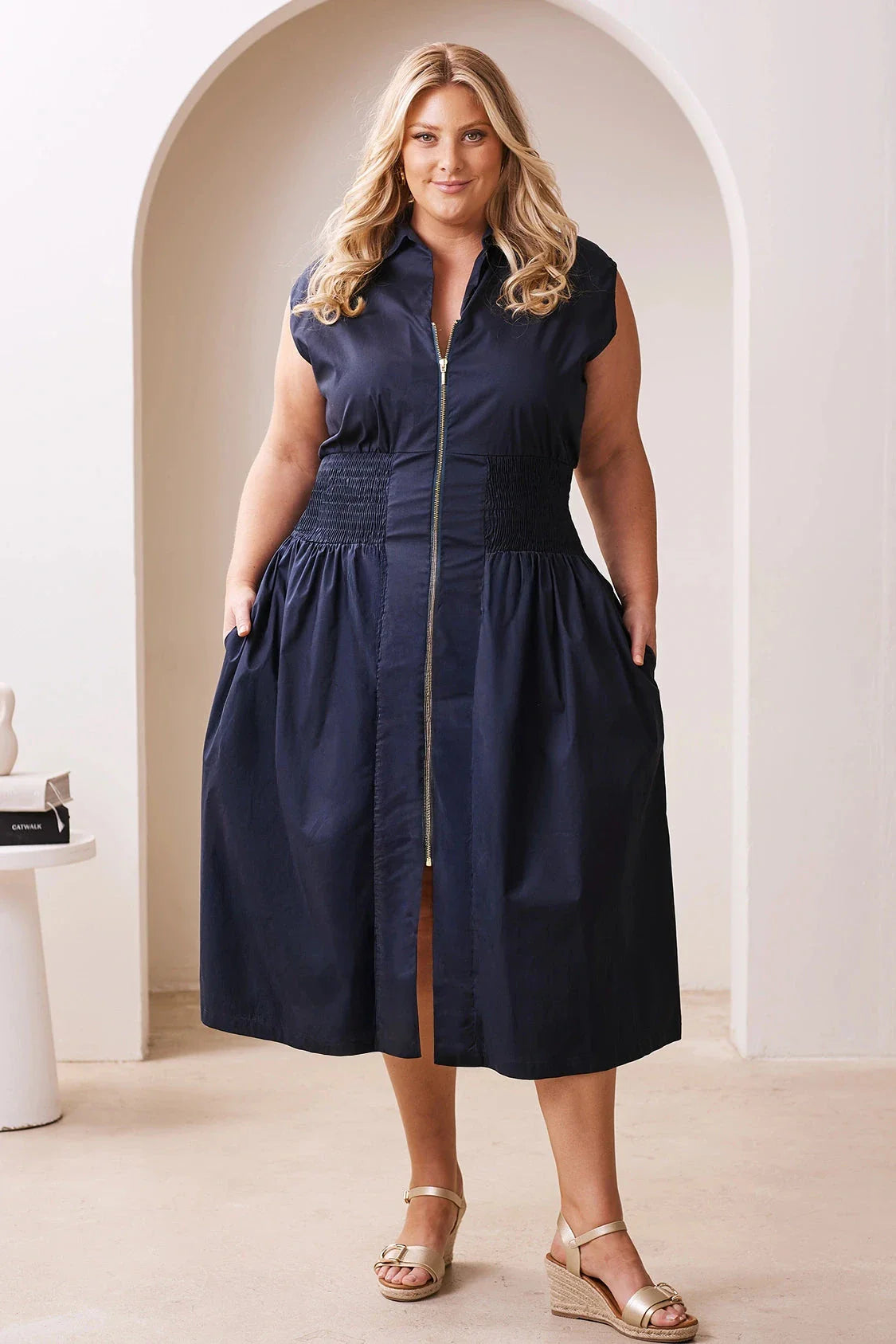 Laura Sleeveless Smocked Waist Zip Front Midi Dress Navy