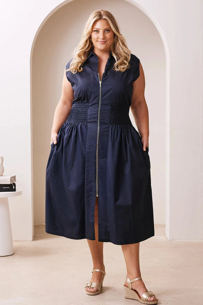 Laura Sleeveless Smocked Waist Zip Front Midi Dress Navy
