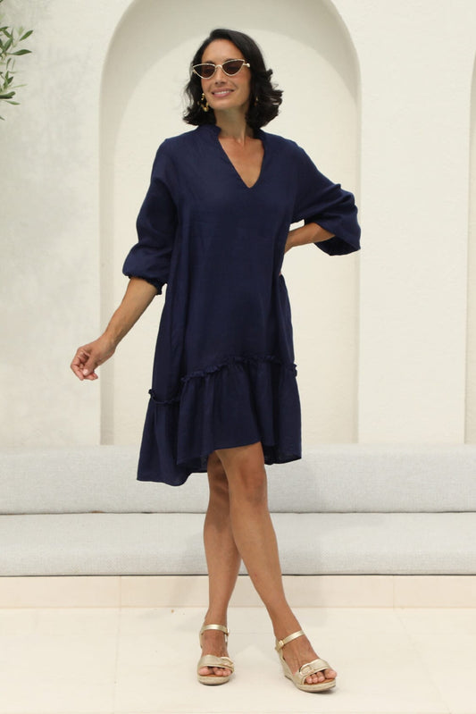 Lauren Mid Sleeve Tiered Midi Dress Navy