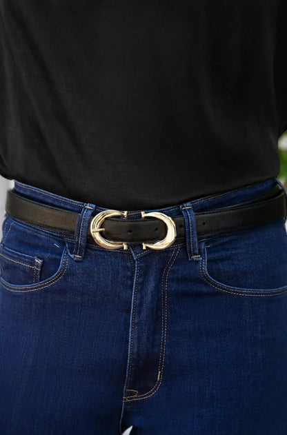 Ivy Skinny Double Buckle Belt Black Soft Leather