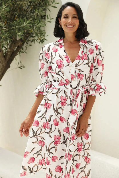 Floral Print Linen Midi Dress Mid-Sleeve Collared – Cristina