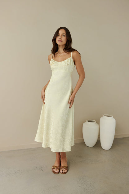 Kaiya Jacquard Satin Midi Dress Yellow