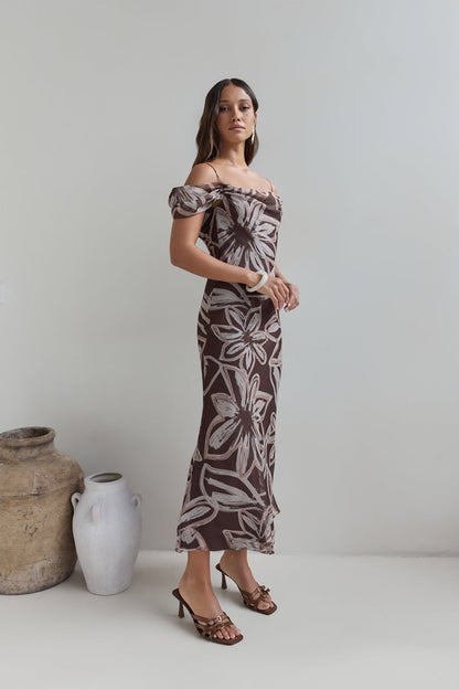 Desert Flower Off Shoulder Maxi Dress Brown