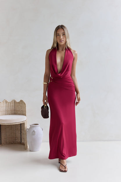 Kiss Journeys Halter Maxi Dress Burgundy