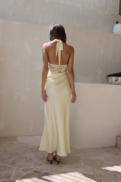 Call Me Yours Lace Halter Satin Maxi Dress Lemon