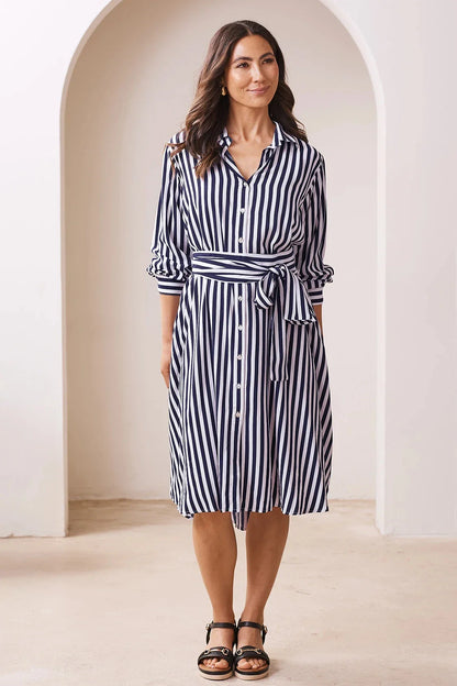 Francesca Long Sleeve Striped Midi Dress Navy and White