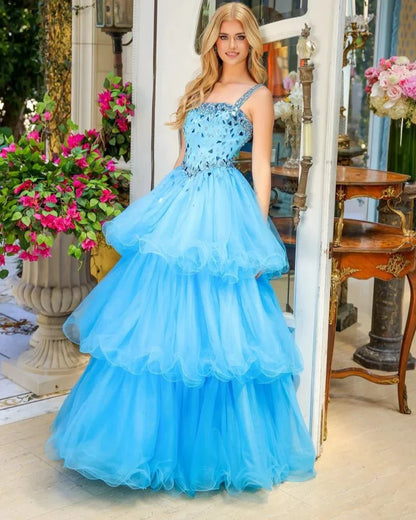 Blue Sparkling Beads Prom Dresses with Tulle Curly Edge