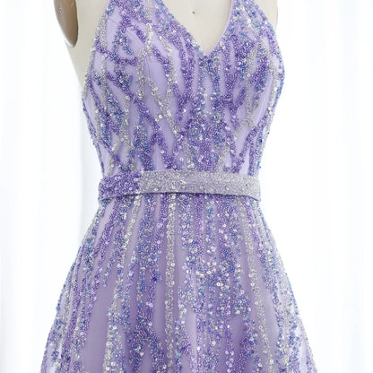 Beaded Halter A-Line Tulle Evening Dresses