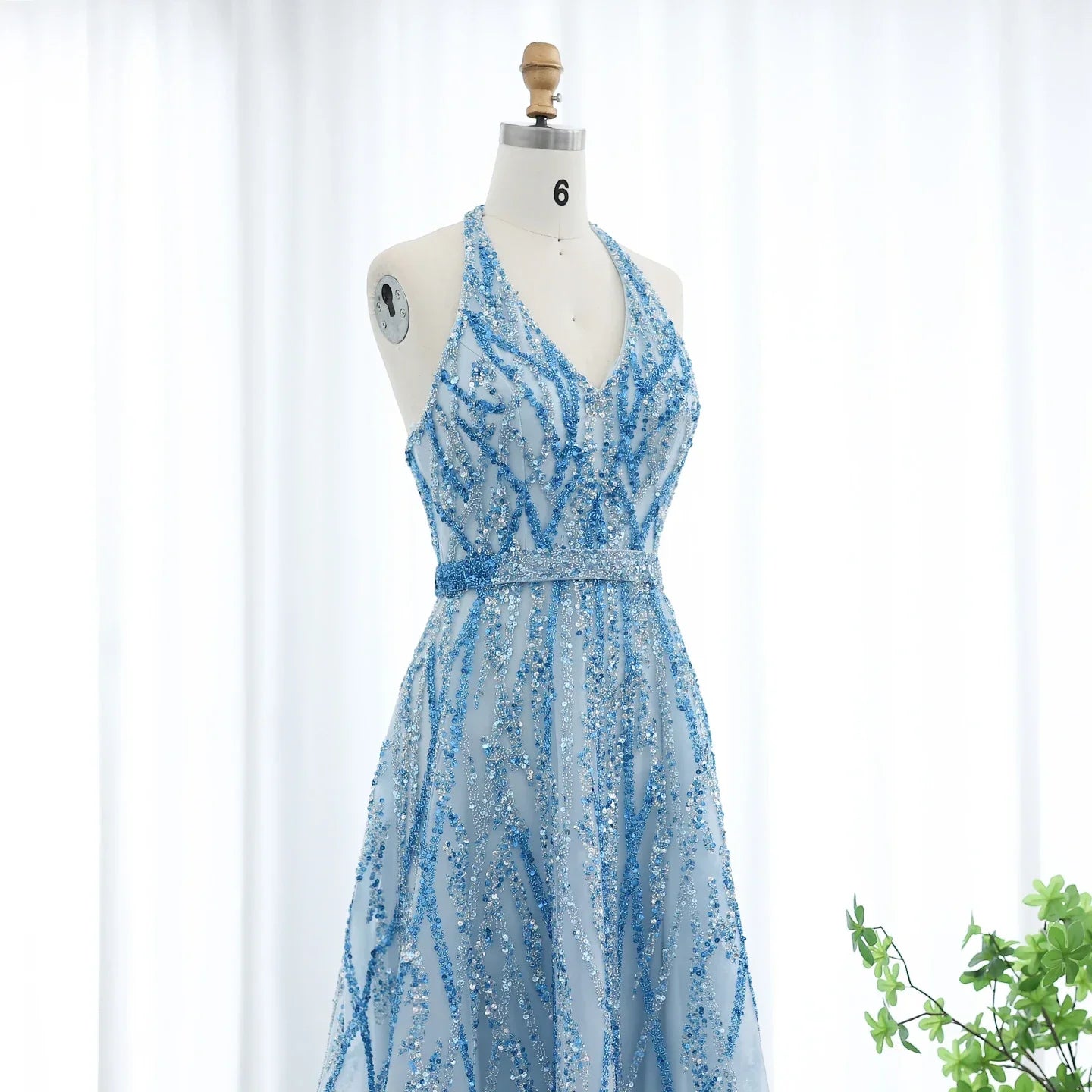 Beaded Halter A-Line Tulle Evening Dresses
