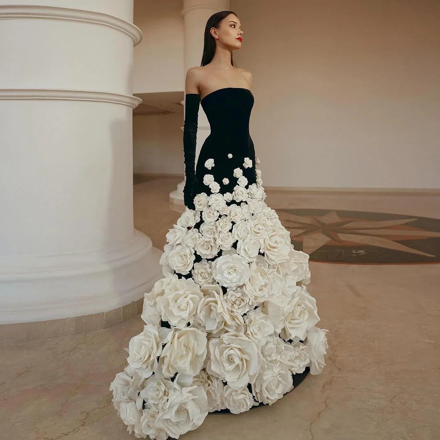 3D Flowers Black Velvet Strapless Evening Dress with Gloves