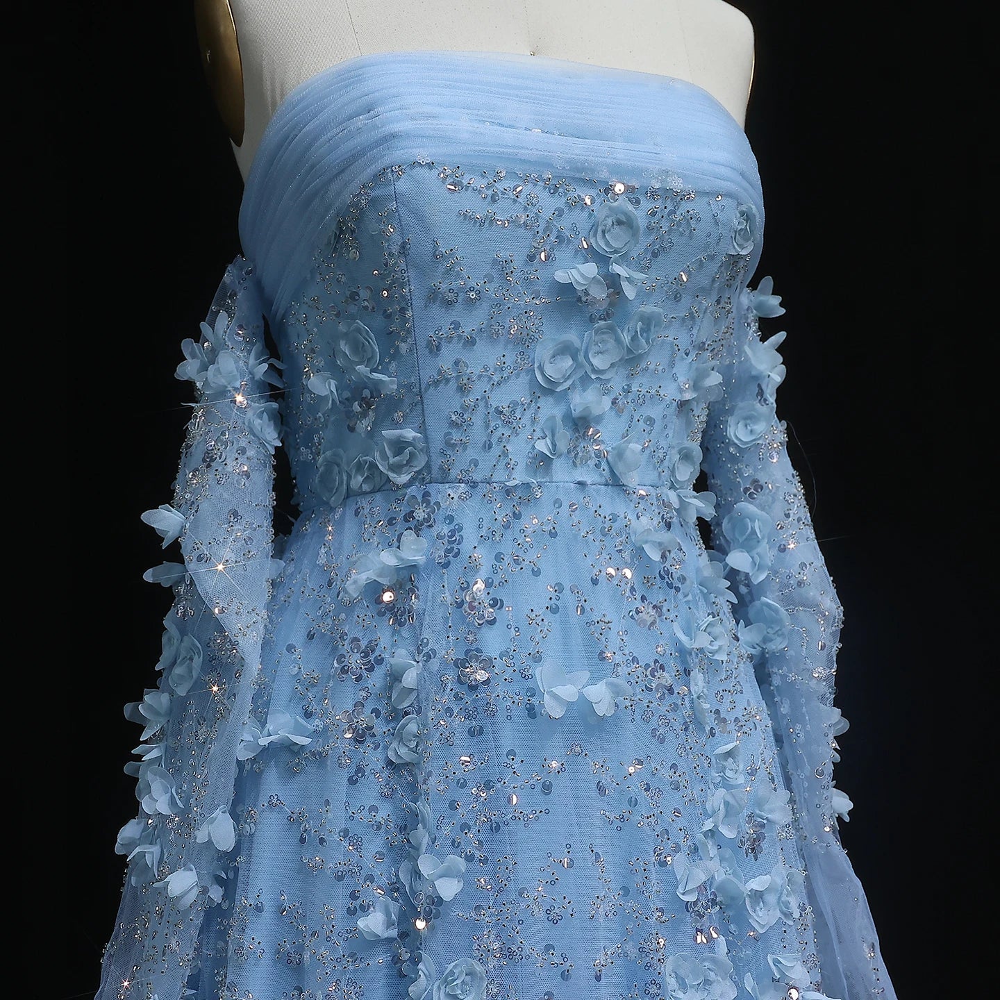 3D Flowers Strapless Evening Dress with Long Sleeves