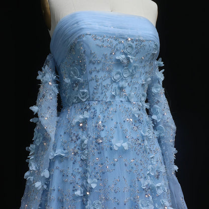 3D Flowers Strapless Evening Dress with Long Sleeves
