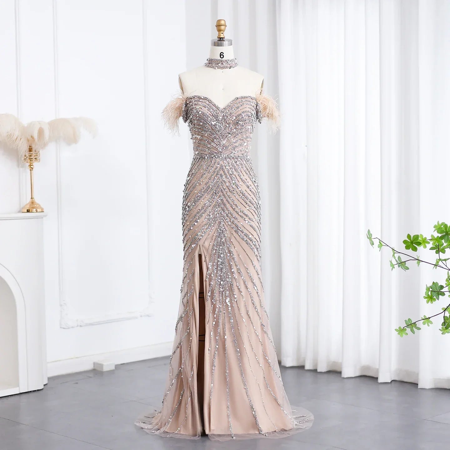 Beaded Feather Slit Mermaid Off-Shoulder Tulle Dress