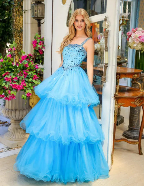 Blue Sparkling Beads Prom Dresses with Tulle Curly Edge