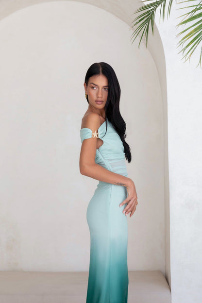 Soft Shades Off The Shoulder Mesh Maxi Dress Green