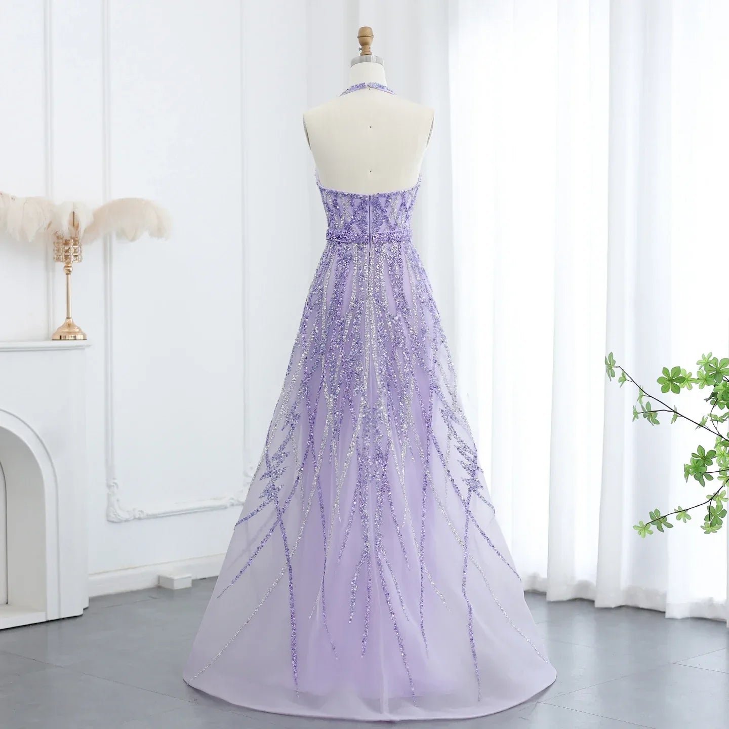 Beaded Halter A-Line Tulle Evening Dresses