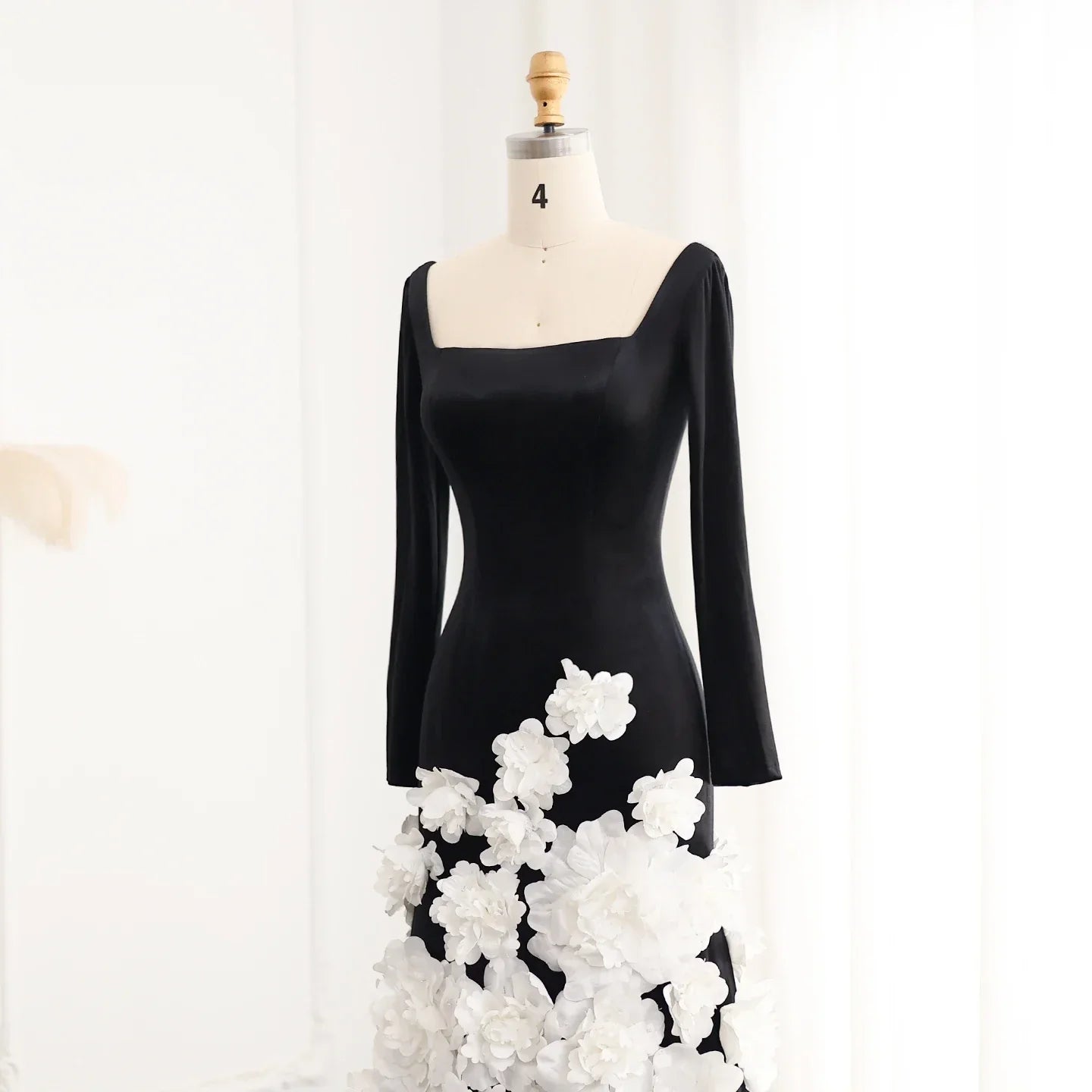 3D Flowers Black Velvet Strapless Evening Dress with Gloves