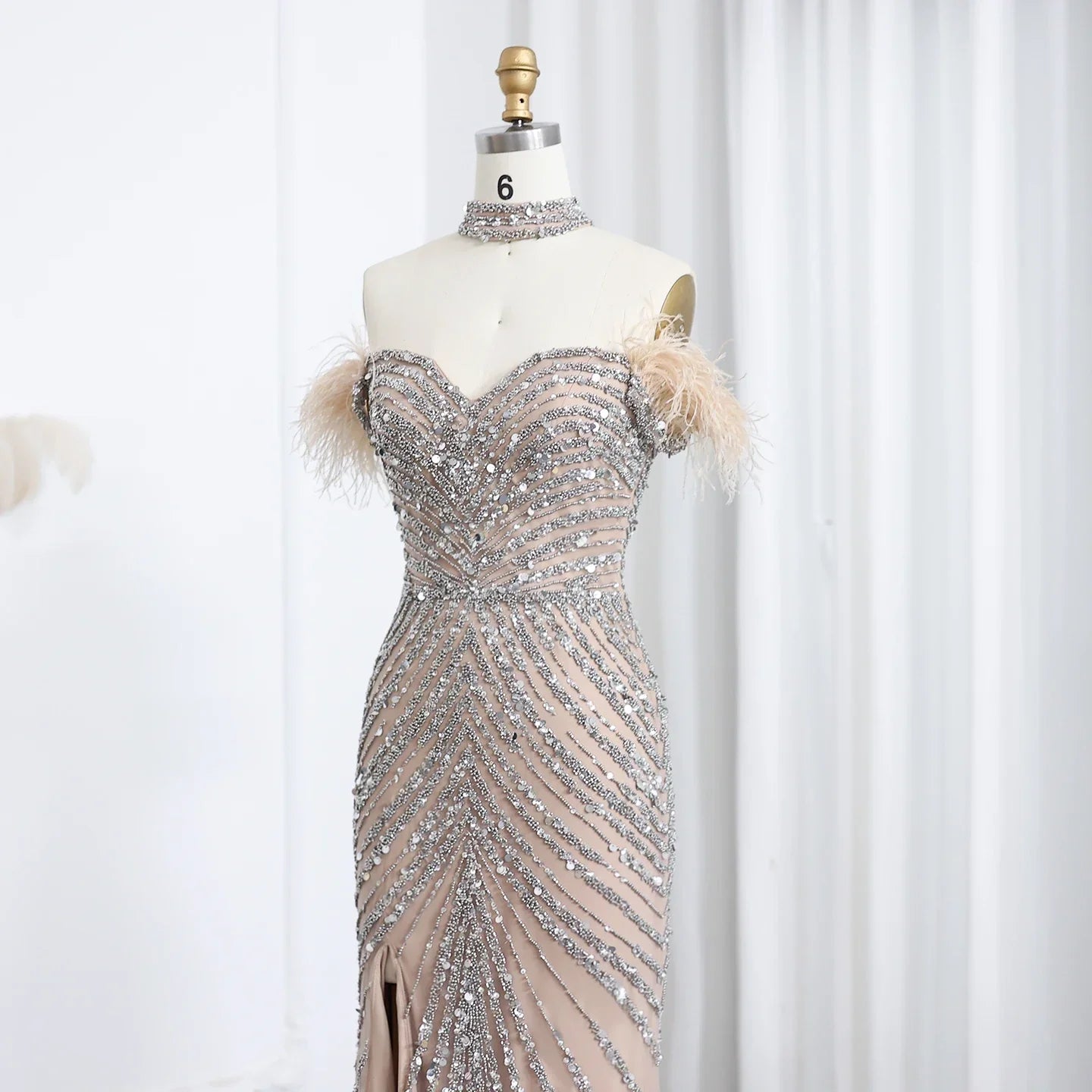 Beaded Feather Slit Mermaid Off-Shoulder Tulle Dress