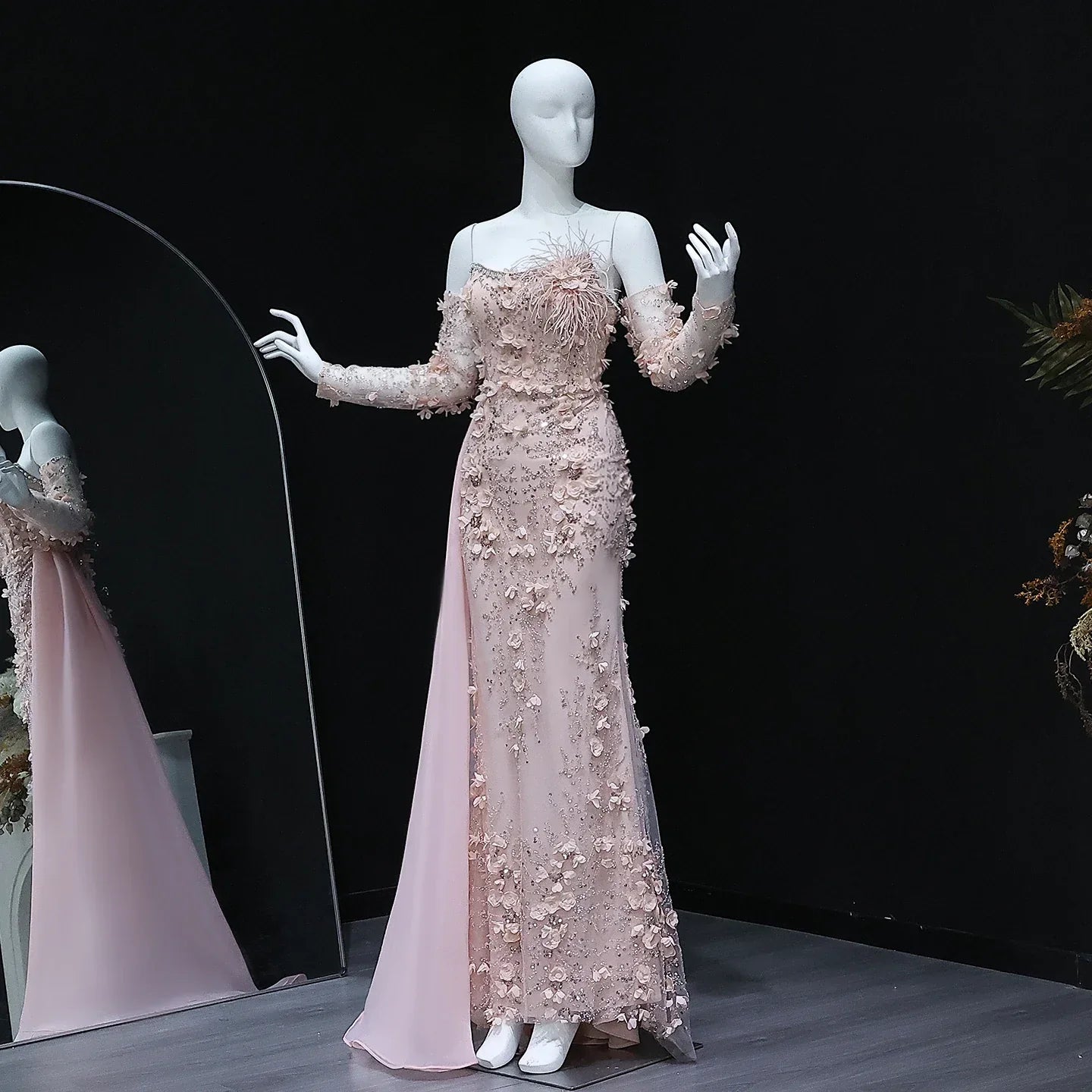 3D Flowers Feathers Mermaid Evening Dress with Sleeves