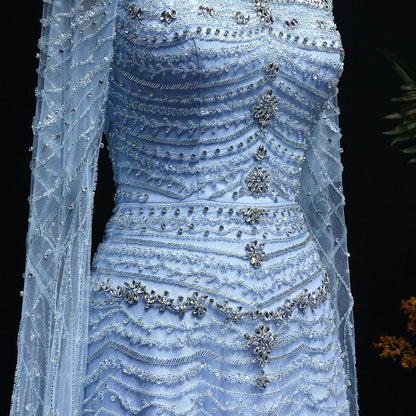Blue Nude Evening Dress with Cape Sleeves