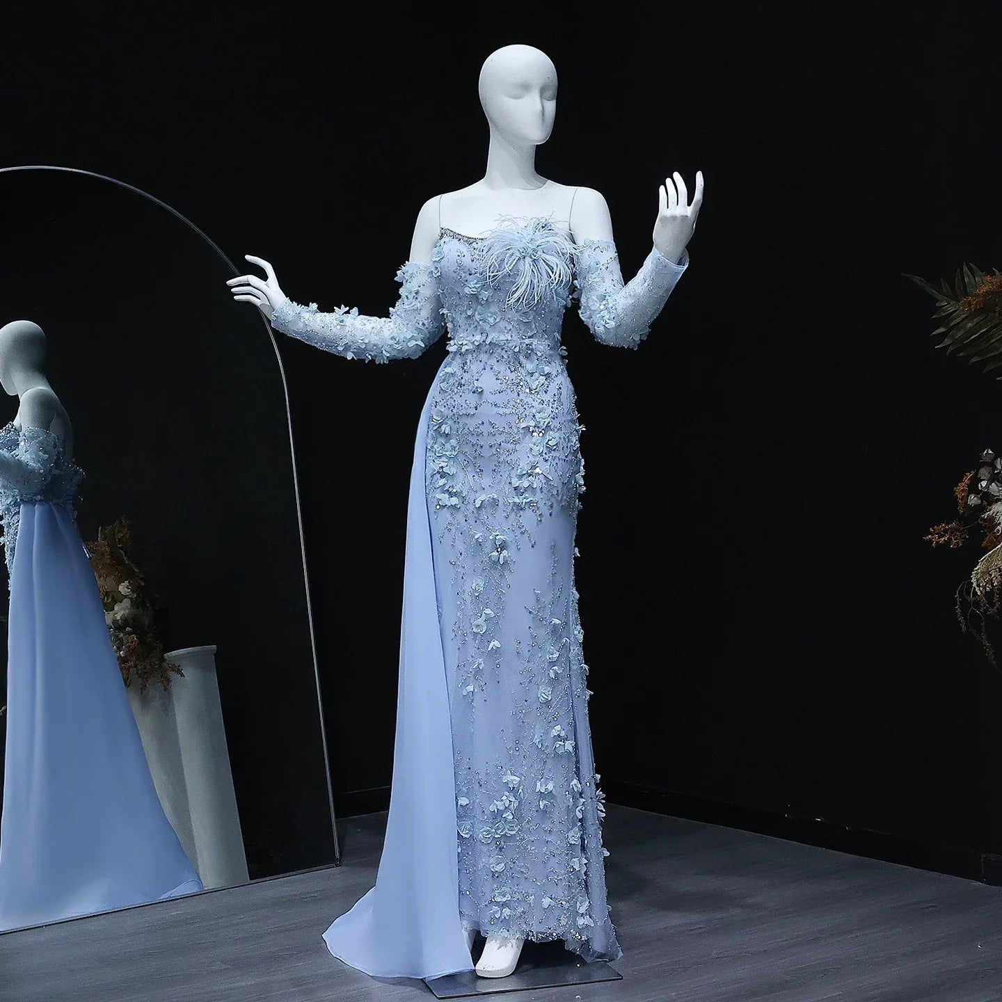 3D Flowers Feathers Mermaid Evening Dress with Sleeves