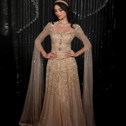 Blue Nude Evening Dress with Cape Sleeves