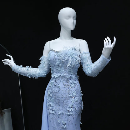 3D Flowers Feathers Mermaid Evening Dress with Sleeves
