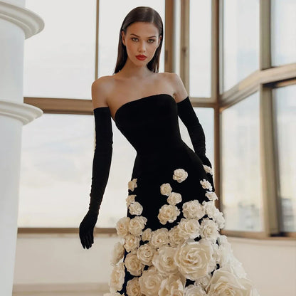 3D Flowers Black Velvet Strapless Evening Dress with Gloves