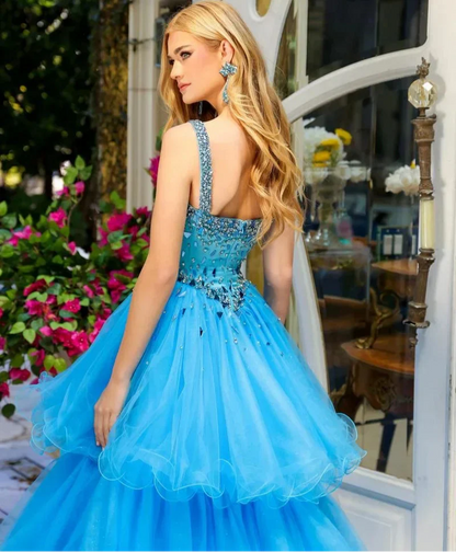 Blue Sparkling Beads Prom Dresses with Tulle Curly Edge