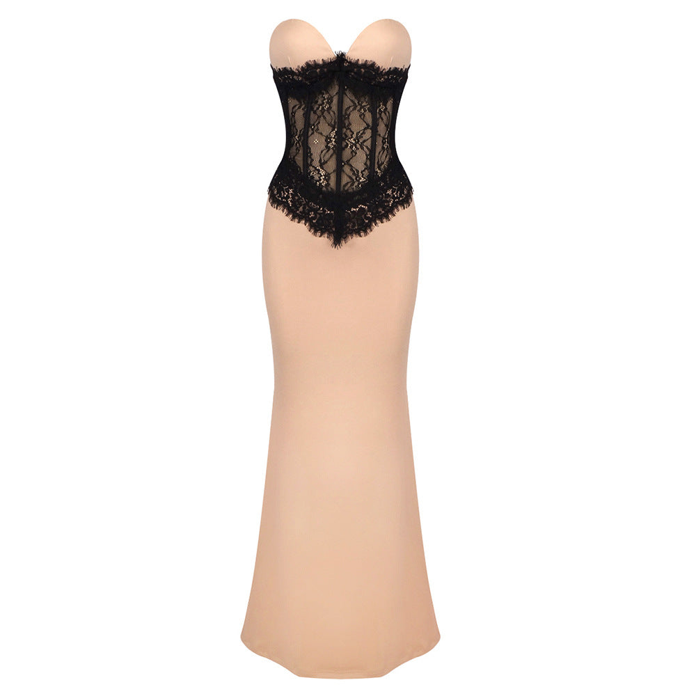 Apricot Lace Stretch Strapless Dress Slim Dress High Elastic Sheath Dress Dress