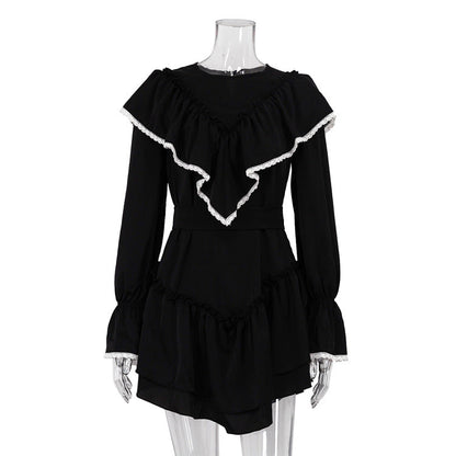 Bell Sleeve Ruffled Dress for Dignified Sense of Design Black Dress