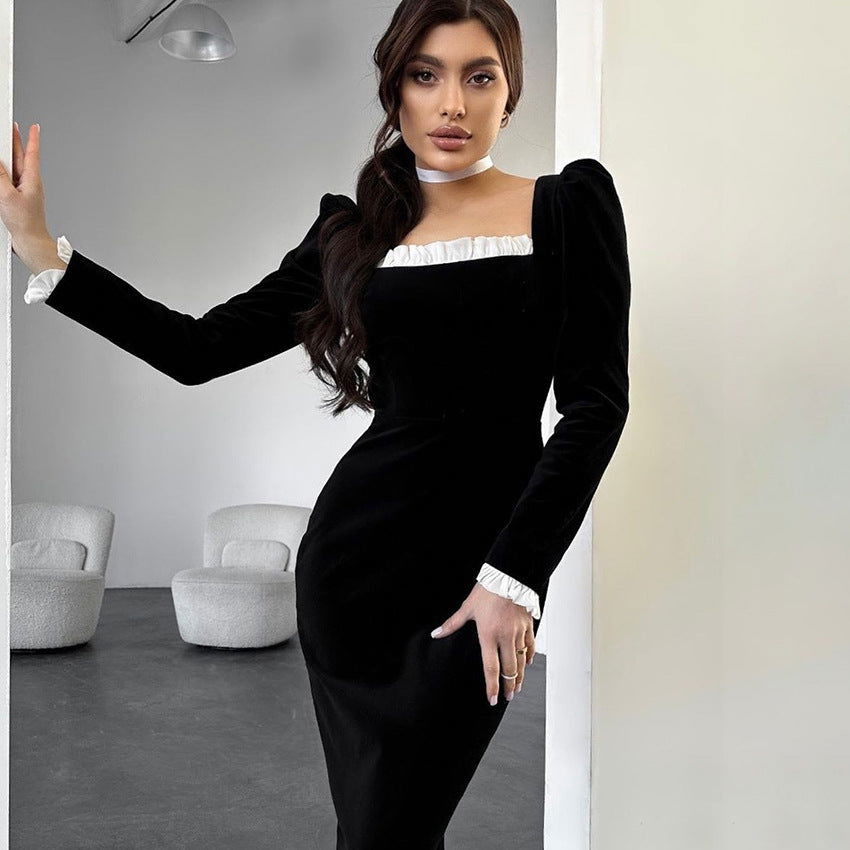 Black Slim Knit Korean Velvet Long Sleeve Split Contrasting Color Dress Office Short Dress