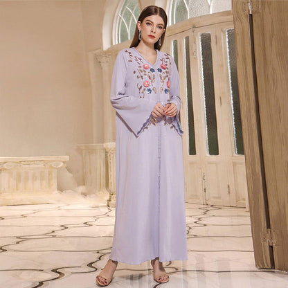 Blue Robe Dress Abaya V neck Embroidery Dress Robe