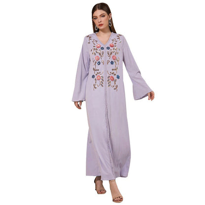 Blue Robe Dress Abaya V neck Embroidery Dress Robe