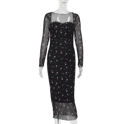 Adult Lady like Woman Maxi Dress Retro Long Sleeve Pure Printing