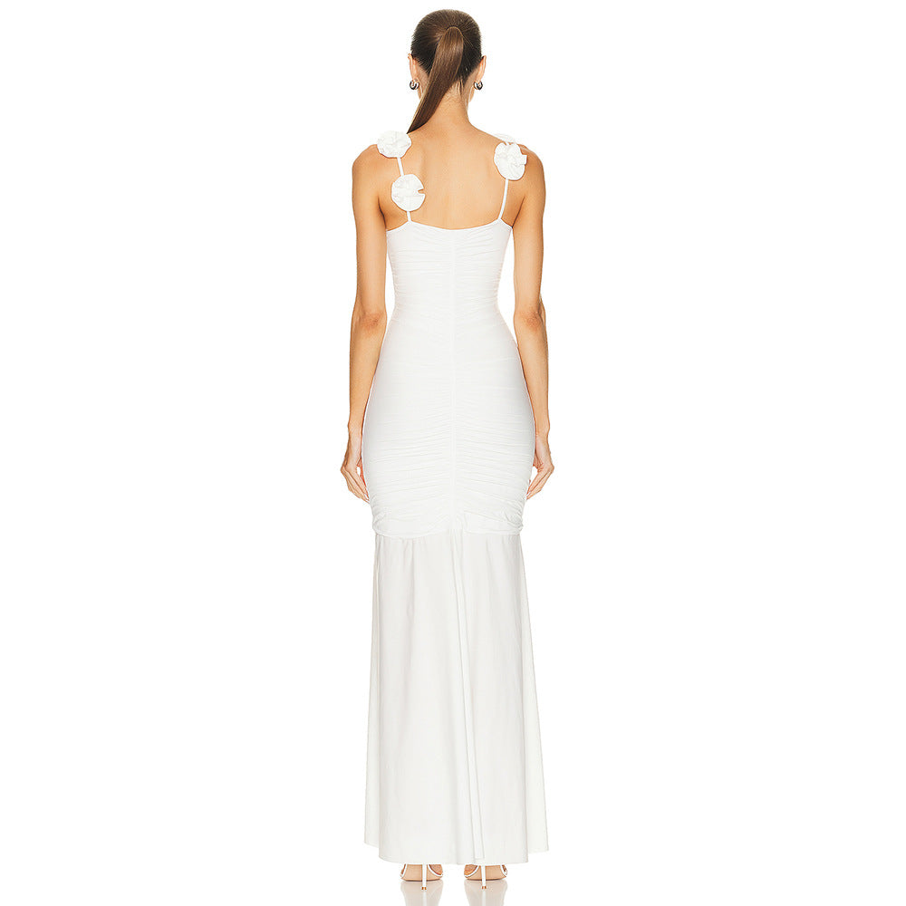 Black White Two Color Three Dimensional Floral Pleated Ice Silk Suspender Evening Dress