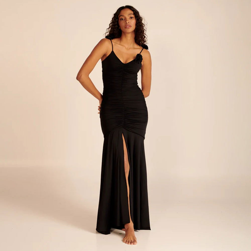 Black White Two Color Three Dimensional Floral Pleated Ice Silk Suspender Evening Dress