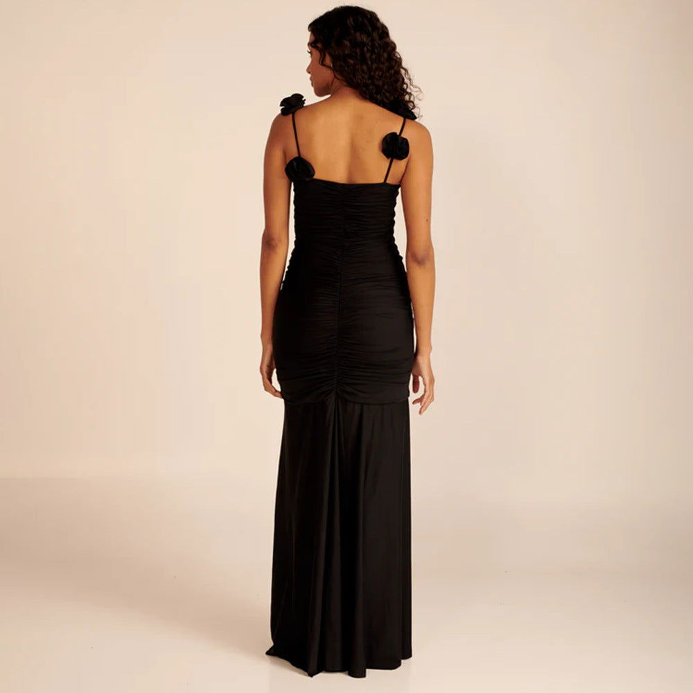 Black White Two Color Three Dimensional Floral Pleated Ice Silk Suspender Evening Dress
