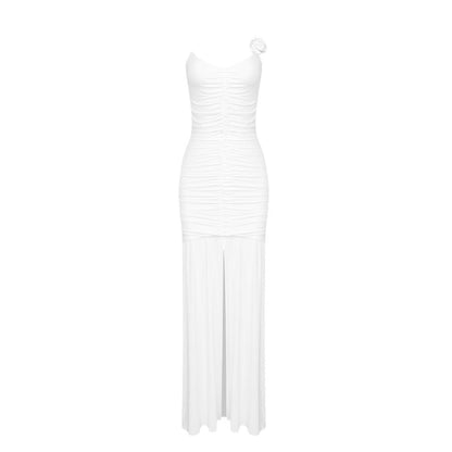 Black White Two Color Three Dimensional Floral Pleated Ice Silk Suspender Evening Dress