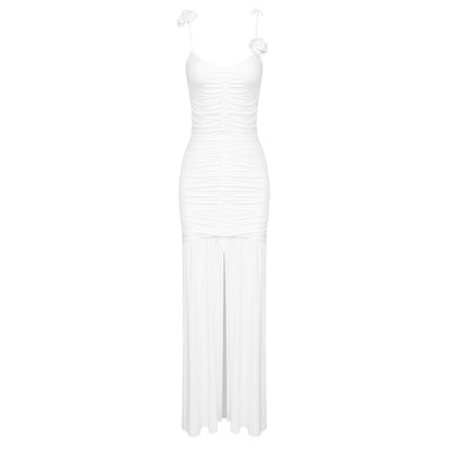 Black White Two Color Three Dimensional Floral Pleated Ice Silk Suspender Evening Dress